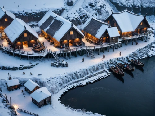 winter village,over water bungalows,floating huts,korean village snow,icelandic houses,stilt houses,viking ships,nativity village,escher village,wooden houses,viking ship,lapland,finnish lapland,popeye village,alpine village,holland,norway,korean folk village,norway island,chalets,Photography,General,Natural