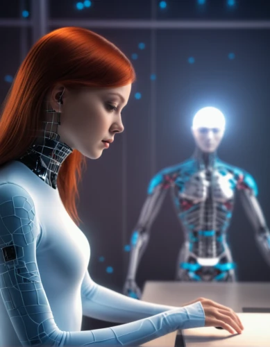 artificial intelligence,cybernetics,women in technology,neon human resources,robotics,ai,humanoid,automation,cinema 4d,cyborg,sci fiction illustration,biometrics,artificial hair integrations,binary system,girl at the computer,digital compositing,autonomous,biomechanically,robots,biomechanical,Photography,General,Realistic