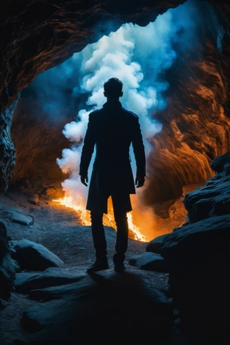 man silhouette,caving,cave tour,blue cave,fire background,indiana jones,the blue caves,door to hell,blue caves,cave man,ice cave,lava cave,photomanipulation,man holding gun and light,digital compositing,cave,silhouette of man,del tatio,photo manipulation,apocalypse,Photography,General,Fantasy