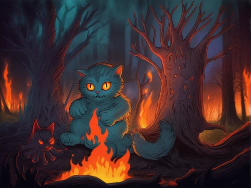 firestar,forest fire,campfire,campfires,haunted forest,wildfire,feral cat,halloween cat,torchlight,oak kitten,forest dragon,burned out,charcoal nest,burning tree trunk,firethorn,feral,burning torch,fireside,fire background,tree torch,Illustration,Realistic Fantasy,Realistic Fantasy 47