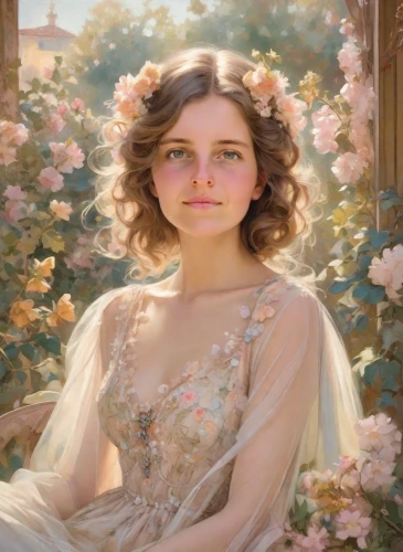 girl in flowers,emile vernon,girl in a wreath,romantic portrait,fantasy portrait,girl in the garden,portrait of a girl,mystical portrait of a girl,beautiful girl with flowers,young woman,flora,marguerite,lilian gish - female,eglantine,enchanting,jane austen,flower fairy,cinderella,bibernell rose,girl in a long dress