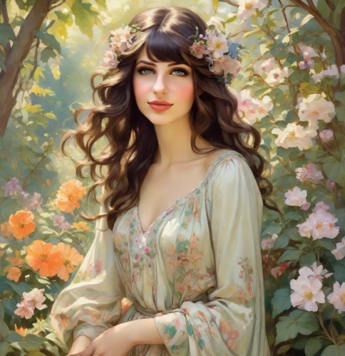 emile vernon,girl in flowers,fantasy portrait,jasmine blossom,beautiful girl with flowers,romantic portrait,splendor of flowers,girl in the garden,girl in a wreath,flora,persian,a beautiful jasmine,jasmine flower,persian poet,flower girl,hydrangea,iranian nowruz,magnolia,young woman,wreath of flowers