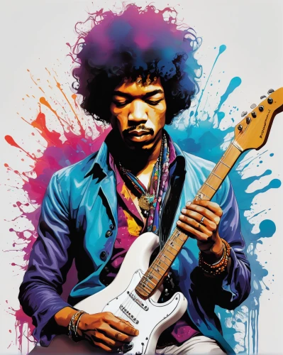 jimi hendrix,jimmy hendrix,purple rain,painted guitar,electric guitar,thundercat,70's icon,guitar player,afro-american,afro american,afro,the guitar,prince,purple,purple rizantém,guitarist,guitor,slide guitar,guitar solo,purple blue,Conceptual Art,Fantasy,Fantasy 21