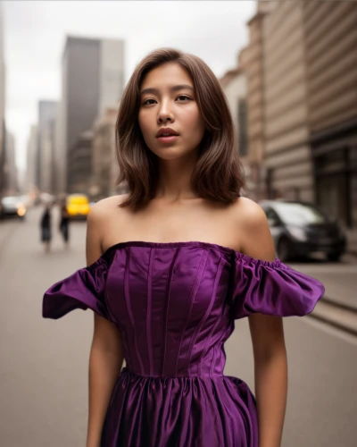 purple dress,girl in a long dress,a girl in a dress,asian woman,la violetta,mauve,filipino,azerbaijan azn,viola,girl in a long dress from the back,asian,violet,purple,young woman,female model,purple background,asian semi-longhair,asian girl,portrait photography,elegant