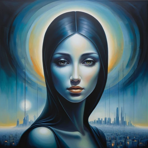 oil painting on canvas,art deco woman,mystical portrait of a girl,blue enchantress,art painting,blue painting,woman thinking,horoscope libra,mirror of souls,meticulous painting,zodiac sign libra,priestess,meridians,girl in a long,virgo,aura,psychedelic art,fantasy art,oil painting,equilibrium,Art,Artistic Painting,Artistic Painting 29