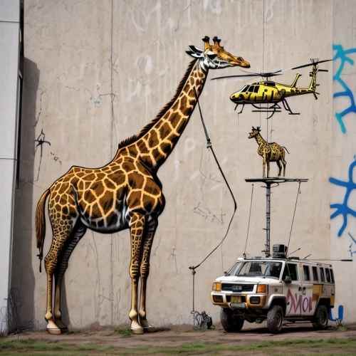 two giraffes,giraffidae,giraffes,giraffe,with safari antenna,whimsical animals,urban street art,urban art,anthropomorphized animals,streetart,giraffe head,graffiti art,street art,giraffe plush toy,yard art,street artists,zoo pilsen,circus animal,animalia,safari