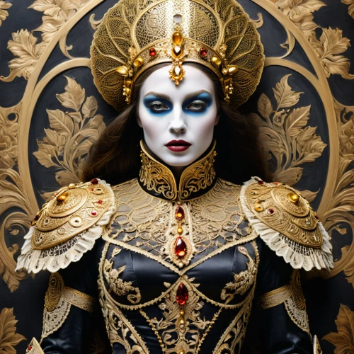 the carnival of venice,priestess,gothic portrait,the enchantress,golden mask,gold mask,vestment,venetian mask,queen of the night,masquerade,bodypaint,mary-gold,cleopatra,emperor,bodypainting,queen cage,queen of hearts,high priest,monarchy,gold lacquer,Illustration,Realistic Fantasy,Realistic Fantasy 40