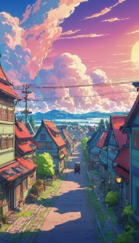 violet evergarden,meteora,aurora village,kyoto,tsukemono,studio ghibli,japan landscape,hanok,honolulu,yamada's rice fields,colorful city,roof landscape,izakaya,wooden houses,kiyomizu,aonori,sakura background,kanazawa,japanese sakura background,shirakami-sanchi,Illustration,Japanese style,Japanese Style 03