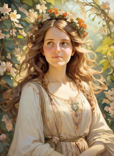 girl in flowers,jessamine,girl in a wreath,mystical portrait of a girl,beautiful girl with flowers,fantasy portrait,girl in the garden,romantic portrait,blooming wreath,flower fairy,young woman,girl picking flowers,emile vernon,faery,faerie,wreath of flowers,flower girl,jasmine blossom,splendor of flowers,flower crown of christ
