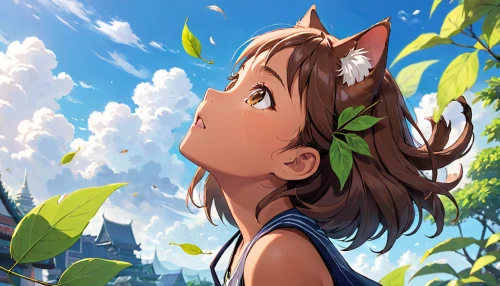 studio ghibli,garden-fox tail,summer crown,ear of the wind,summer day,summer background,natura,flora,looking up,child fox,girl with tree,cat ears,little girl in wind,ears,fae,girl picking flowers,leaf background,forest clover,game illustration,portrait background,Anime,Anime,Traditional
