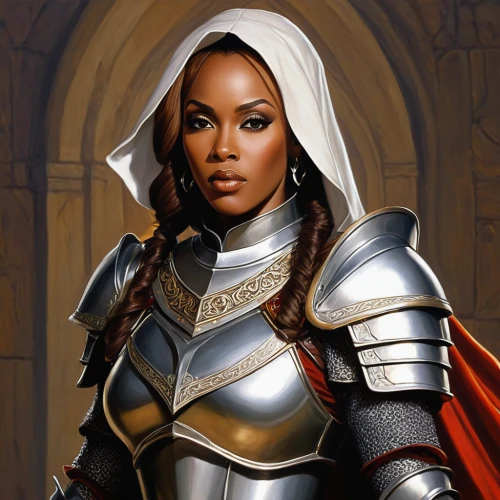 joan of arc,female warrior,heroic fantasy,fantasy portrait,sterntaler,crusader,massively multiplayer online role-playing game,sci fiction illustration,paladin,templar,fantasy art,warrior woman,african american woman,lady honor,fantasy woman,biblical narrative characters,swordswoman,portrait background,breastplate,game illustration,Illustration,Realistic Fantasy,Realistic Fantasy 07