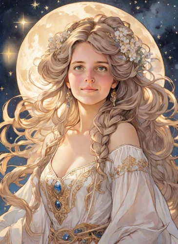 constellation unicorn,zodiac sign libra,jessamine,fantasy portrait,star mother,mystical portrait of a girl,virgo,libra,moonflower,rapunzel,aurora,fairy queen,fairy galaxy,celestial,angelica,constellation centaur,golden wreath,star illustration,stars and moon,white rose snow queen