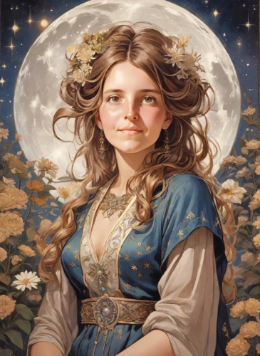 fantasy portrait,jessamine,mystical portrait of a girl,moonbeam,zodiac sign libra,moon shine,blue moon rose,moonflower,herfstanemoon,luna,fairy tale character,rosa 'the fairy,fae,rosa ' amber cover,artemisia,faerie,full moon day,faery,rapunzel,moon phase