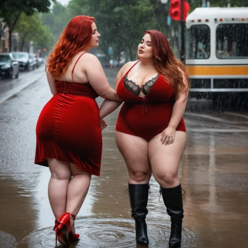 red double,redheads,plus-size model,plus-size,rubber boots,leg dresses,red hot polka,red-hot polka,latex clothing,plus-sized,mirror image,walking in the rain,red,two girls,motor boat race,fire hydrants,pin-up girls,rain pants,red shoes,floods