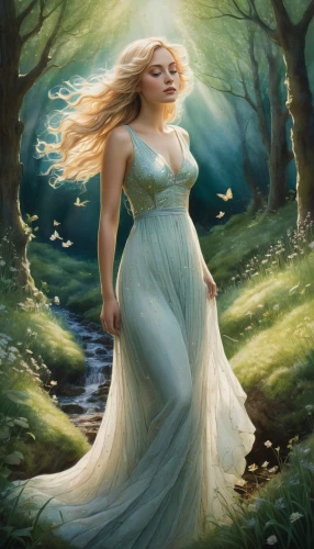 celtic woman,fantasy picture,the blonde in the river,faerie,fantasy portrait,fantasy woman,dryad,fantasy art,faery,celtic queen,the enchantress,jessamine,rapunzel,green mermaid scale,rusalka,fae,fairy queen,girl in a long dress,heroic fantasy,spring equinox,Illustration,Abstract Fantasy,Abstract Fantasy 19