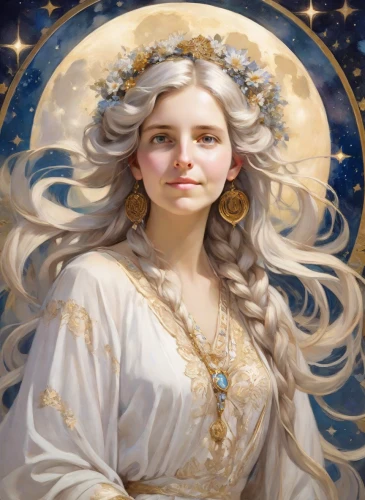 zodiac sign libra,fantasy portrait,star mother,constellation unicorn,jessamine,celestial,priestess,libra,baroque angel,mary-gold,white rose snow queen,virgo,mystical portrait of a girl,eris,golden wreath,eufiliya,cepora judith,the prophet mary,white lady,zodiac sign gemini