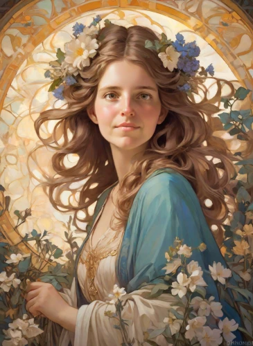 jessamine,fantasy portrait,mystical portrait of a girl,mucha,girl in a wreath,girl in flowers,kahila garland-lily,mary-gold,cepora judith,flower fairy,baroque angel,vanessa (butterfly),the prophet mary,art nouveau,fae,joan of arc,flora,flower crown of christ,flower girl,portrait of a girl