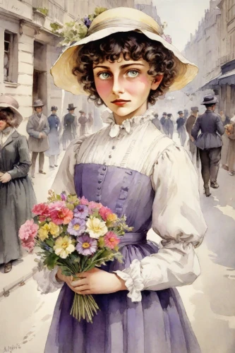 holding flowers,girl in flowers,vintage french postcard,girl picking flowers,la violetta,victorian lady,woman with ice-cream,floral greeting,beautiful girl with flowers,floral greeting card,flower girl,watercolor women accessory,suffragette,woman holding pie,flower delivery,woman shopping,flower painting,woman's hat,july 1888,girl in a historic way