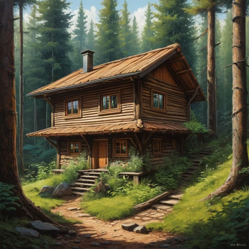 house in the forest,wooden house,log home,small cabin,log cabin,small house,house in mountains,little house,the cabin in the mountains,lonely house,summer cottage,house in the mountains,cottage,traditional house,wooden hut,home landscape,cabin,old home,ancient house,timber house,Illustration,Realistic Fantasy,Realistic Fantasy 06