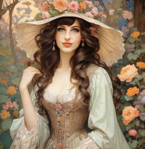 emile vernon,victorian lady,the hat of the woman,girl in flowers,fantasy portrait,romantic portrait,beautiful girl with flowers,mucha,flower hat,girl in a wreath,wreath of flowers,girl in the garden,vintage woman,holding flowers,vintage female portrait,art nouveau,flower girl,portrait of a girl,splendor of flowers,young woman