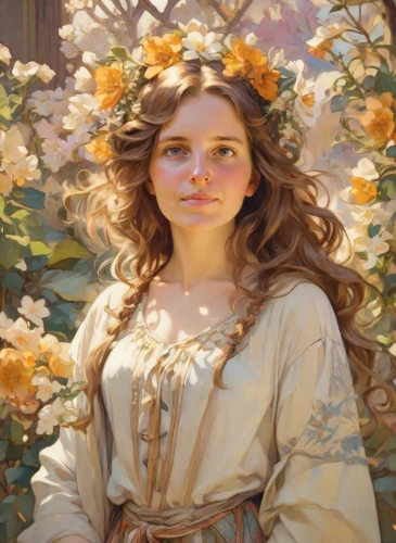 girl in flowers,girl in a wreath,jessamine,golden wreath,wreath of flowers,girl in the garden,girl picking flowers,blooming wreath,beautiful girl with flowers,mucha,mystical portrait of a girl,golden flowers,flower girl,fantasy portrait,young woman,flora,flower crown of christ,portrait of a girl,holding flowers,fiori