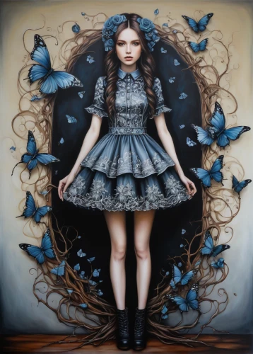 gothic fashion,blue butterfly,mazarine blue butterfly,vanessa (butterfly),faery,gothic portrait,fairy queen,gothic woman,gothic dress,faerie,blue butterfly background,mystical portrait of a girl,gothic style,little girl fairy,julia butterfly,isolated butterfly,fairy tale character,blue butterflies,blue enchantress,blue morpho,Illustration,Abstract Fantasy,Abstract Fantasy 14