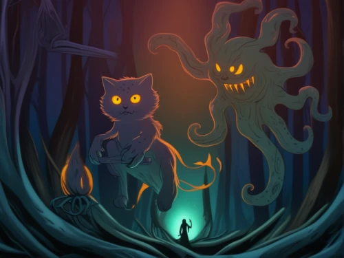 haunted forest,game illustration,creatures,spirits,encounter,sci fiction illustration,neon ghosts,mirror of souls,halloween ghosts,guards of the canyon,hollow way,halloween illustration,creeper,sea monsters,three eyed monster,mystery book cover,adventure game,dungeons,supernatural creature,totem,Illustration,Realistic Fantasy,Realistic Fantasy 47