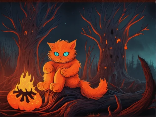 firestar,halloween cat,halloween background,halloween illustration,oak kitten,pumpkin lantern,pumpkin autumn,calabaza,halloween vector character,firethorn,halloween wallpaper,little fox,halloween scene,pumpkin,campfire,felidae,halloweenkuerbis,fire background,jack o'lantern,pumkin,Illustration,Realistic Fantasy,Realistic Fantasy 47