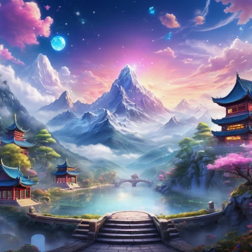 fantasy landscape,landscape background,chinese background,mountain landscape,cartoon video game background,mountain scene,mountainous landscape,fantasy picture,mid-autumn festival,background with stones,world digital painting,backgrounds,chinese clouds,mount scenery,background images,hall of supreme harmony,yunnan,mountain world,chinese art,chinese temple