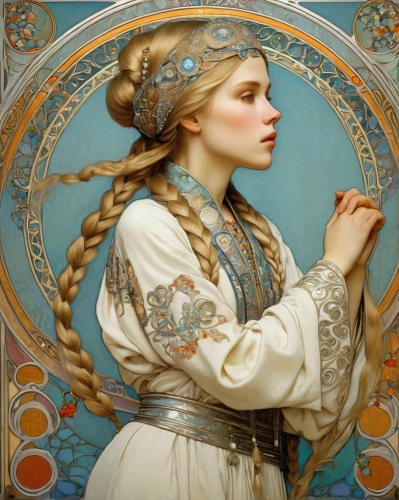 mucha,art nouveau,art nouveau frame,art nouveau design,art nouveau frames,accolade,laurel wreath,athena,golden wreath,girl with a wheel,girl in a wreath,artemisia,priestess,diadem,alfons mucha,artemis,mystical portrait of a girl,wind rose,suit of the snow maiden,fantasy portrait,Art,Artistic Painting,Artistic Painting 04