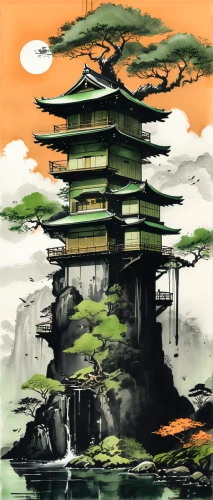 world digital painting,bonsai,cool woodblock images,tsukemono,asian architecture,japan landscape,the golden pavilion,oriental painting,chinese architecture,pagoda,the japanese tree,kyoto,japanese background,japanese art,golden pavilion,forbidden palace,shinto,stone pagoda,japanese architecture,japanese garden,Illustration,Paper based,Paper Based 30