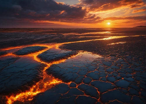 the wadden sea,great salt lake,wadden sea,fire and water,lava flow,salt-flats,volcanic field,salt field,lava river,eastern iceland,lava,salt desert,scorched earth,salt pan,tide pool,lake of fire,volcanic landscape,salt flats,low tide,molten,Photography,General,Fantasy
