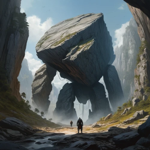 megalith,fallen giants valley,megalithic,megaliths,rock formation,rock formations,natural monument,giant mountains,mountain stone edge,guards of the canyon,futuristic landscape,limestone cliff,meteora,split rock,monolith,mountain world,devil's bridge,canyon,sentinel,rock needle,Conceptual Art,Fantasy,Fantasy 12