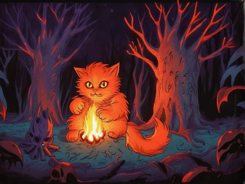 firestar,campfire,halloween cat,halloween illustration,lantern,salt lamp,feral cat,halloween background,goji,red cat,feral,cauldron,pumpkin lantern,campfires,cheshire,candle wick,felidae,burning torch,oak kitten,fireside,Illustration,Realistic Fantasy,Realistic Fantasy 47