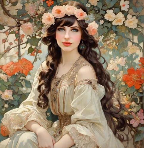 emile vernon,girl in flowers,girl in a wreath,jasmine blossom,beautiful girl with flowers,mucha,fantasy portrait,girl in the garden,wreath of flowers,art nouveau,romantic portrait,flora,flower girl,floral wreath,young woman,magnolia,vintage female portrait,blooming wreath,portrait of a girl,with roses