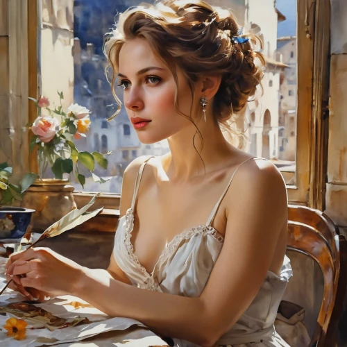 woman at cafe,romantic portrait,italian painter,woman drinking coffee,romantic look,young woman,art painting,oil painting,girl with bread-and-butter,emile vernon,girl studying,table artist,painting,meticulous painting,portrait of a girl,physalis,photo painting,painter,paris cafe,cinderella,Photography,General,Realistic