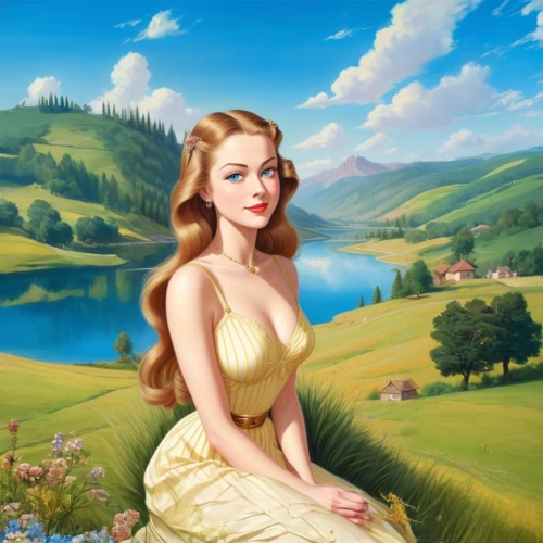 maureen o'hara - female,the blonde in the river,girl on the river,pin-up girl,landscape background,retro pin up girl,girl in a long dress,heidi country,woman with ice-cream,pin-up model,world digital painting,girl with cereal bowl,fantasy picture,young woman,pin up girl,background image,a charming woman,portrait background,pin-up,sound of music
