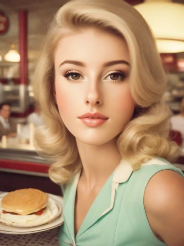 retro diner,vintage makeup,woman holding pie,50's style,waitress,girl with bread-and-butter,retro woman,hostess,vintage girl,fifties,retro girl,retro women,vintage woman,blonde woman,madeleine,sugar pie,cigarette girl,barbie doll,original chicken sandwich,mcmuffin
