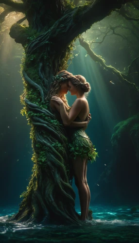 dryad,mother earth,green mermaid scale,fantasy picture,mermaid background,tree of life,submerged,adam and eve,mother nature,moana,merfolk,fantasy art,garden of eden,uprooted,romantic scene,kissing frog,merman,love in the mist,mermaids,water nymph,Photography,General,Fantasy