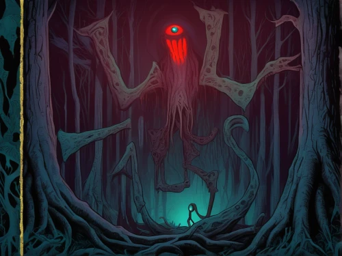 haunted forest,creepy tree,hanged man,game illustration,supernatural creature,mystery book cover,slender,creeper,creepy doorway,krampus,halloween poster,sci fiction illustration,hag,digital illustration,bogeyman,haunt,halloween illustration,totem,forest dark,three eyed monster,Illustration,Realistic Fantasy,Realistic Fantasy 47