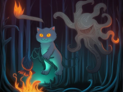 cauldron,torchlight,cuthulu,capricorn kitz,burned out,supernatural creature,fire-eater,flickering flame,flame spirit,burning torch,spirits,glowworm,the night of kupala,feral cat,devilwood,torches,nuphar,firestar,mirror of souls,halloween cat,Illustration,Realistic Fantasy,Realistic Fantasy 47