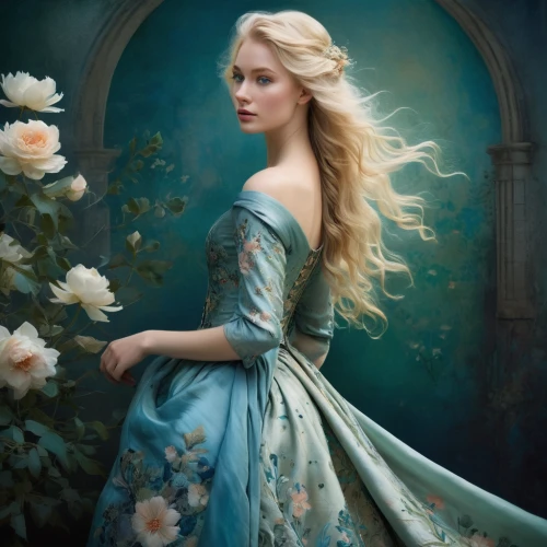 cinderella,fantasy portrait,blue rose,fairy tale character,blue moon rose,mystical portrait of a girl,fantasy picture,romantic portrait,fantasy art,eglantine,rosa 'the fairy,fantasia,fairy queen,way of the roses,scent of roses,elsa,jessamine,the sleeping rose,jasmine blue,fairy tale,Illustration,Realistic Fantasy,Realistic Fantasy 16