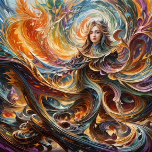 flame spirit,fantasy art,fire artist,psychedelic art,dancing flames,colorful spiral,swirling,medusa,firebird,wind wave,whirlwind,spiral background,mystical portrait of a girl,fantasy portrait,fractals art,sorceress,fire siren,solomon's plume,fire angel,firedancer