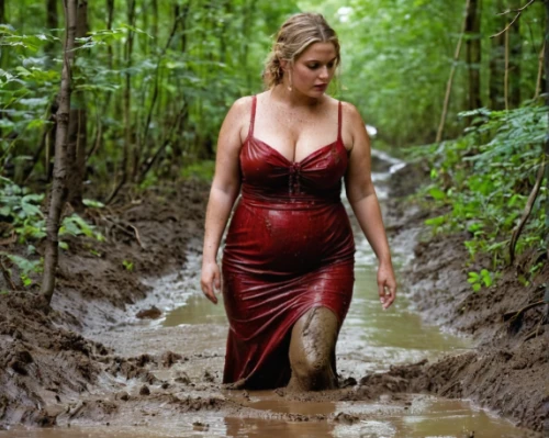 the blonde in the river,jennifer lawrence - female,mud,girl on the river,wet,heidi country,pregnant woman,plus-size model,red,farmer in the woods,in the forest,muddy,wading,latex clothing,crocodile woman,latex,man in red dress,flooded pathway,pregnant girl,girl in a long dress