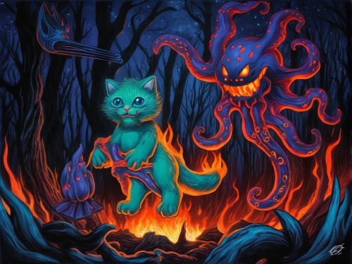 cuthulu,halloween illustration,child monster,imp,campfire,ori-pei,neon ghosts,goji,cauldron,haunted forest,supernatural creature,poisonous,halloween ghosts,blue monster,krampus,stitch,boo,bulbasaur,devil,firebrat,Illustration,Realistic Fantasy,Realistic Fantasy 47