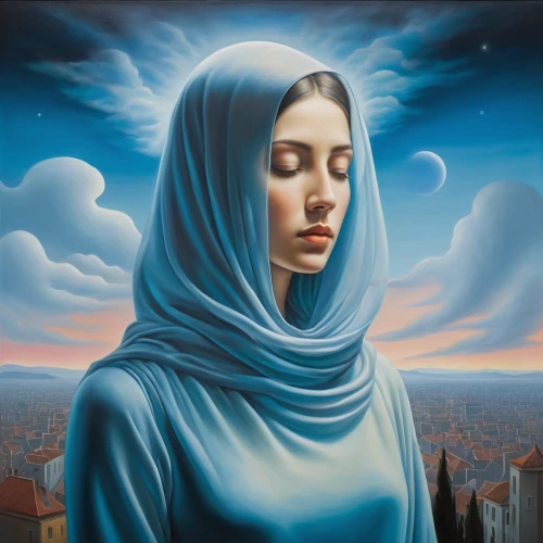 woman thinking,the prophet mary,mystical portrait of a girl,praying woman,oil painting on canvas,horoscope libra,blue moon rose,world digital painting,priestess,hijab,muslim woman,zodiac sign libra,sky rose,virgo,sci fiction illustration,fantasy art,woman praying,art painting,persian poet,muslima,Art,Artistic Painting,Artistic Painting 06