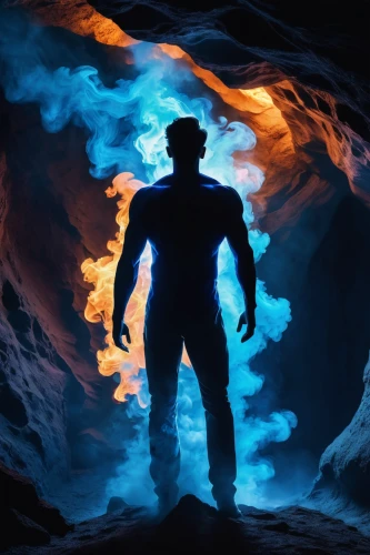 man silhouette,human torch,fire background,dr. manhattan,superhero background,door to hell,steel man,caving,blue cave,miner,silhouette of man,3d man,ascension,man holding gun and light,smoke background,lava,divine healing energy,lava tube,lava cave,electro,Illustration,Realistic Fantasy,Realistic Fantasy 20