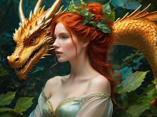 fantasy portrait,fantasy art,forest dragon,green dragon,faery,fantasy picture,faerie,dryad,golden wreath,fantasy woman,fairy tale character,fairy queen,3d fantasy,fairy tale,the enchantress,romantic portrait,a fairy tale,dragon,golden unicorn,golden crown,Conceptual Art,Fantasy,Fantasy 05