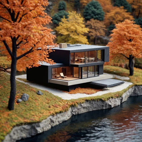 house by the water,house with lake,modern house,3d rendering,cubic house,mid century house,houseboat,render,modern architecture,boat house,house in the forest,floating huts,cube house,model house,house in mountains,pool house,japanese architecture,house in the mountains,residential house,dunes house