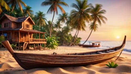 beach landscape,tropical house,floating huts,wooden boat,south pacific,dream beach,old wooden boat at sunrise,landscape background,tropical beach,seaside resort,an island far away landscape,caribbean beach,wooden boats,boat landscape,fishing village,monkey island,beach scenery,wooden houses,travel insurance,travel destination,Photography,General,Cinematic